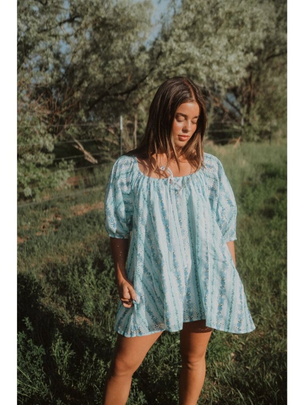 Peach Love California Blue Floral Eyelet Romper Puff Sleeves Tie-Front Neckline